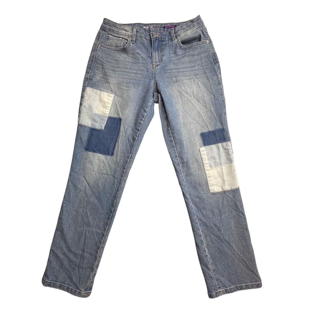 Style & Co Boyfriend‎ Patchwork Jeans Womens 6 Medium Wash Blue Stretch Denim